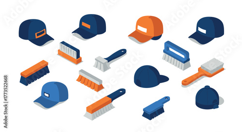 Isometric cleaning brushes and caps set in blue and orange