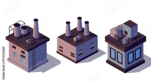 Isometric industrial buildings with smokestacks and equipment