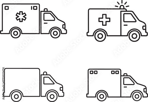 Collection of four simple line art ambulance icons representing emergency medical services