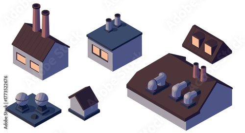 Isometric industrial rooftops with chimneys and vents
