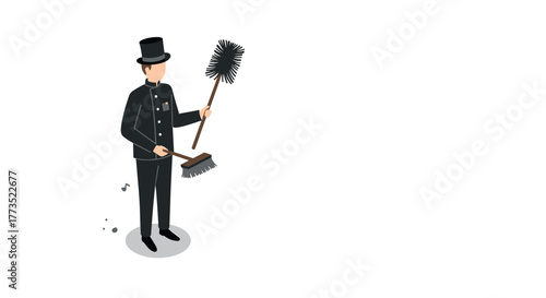 Isometric chimney sweep character with top hat and brushes