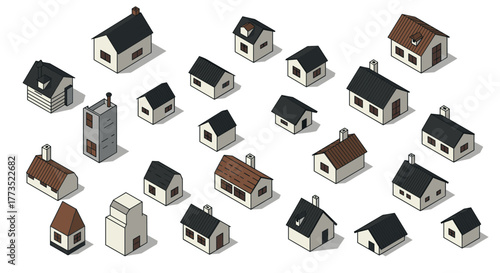Isometric minimalist tiny houses collection with diverse roof styles