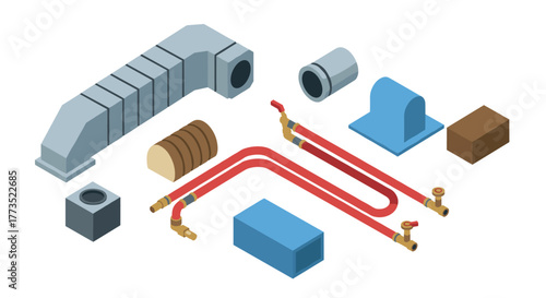 Isometric hvac components ducts, pipes, and valves for modern building systems