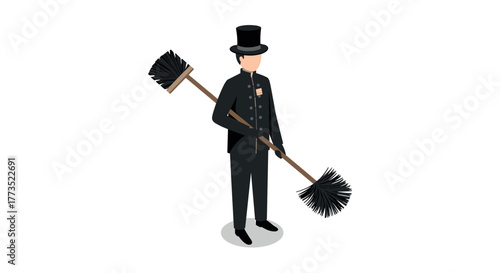 Isometric chimney sweep in traditional outfit holding doubleheaded broom