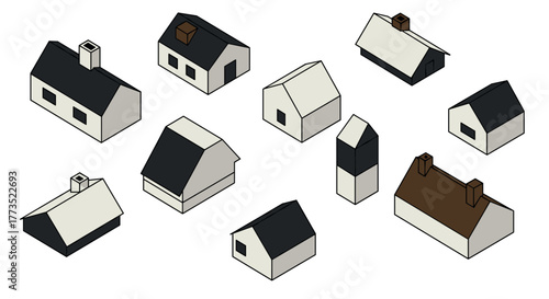 Isometric minimalist buildings set with simple geometric shapes