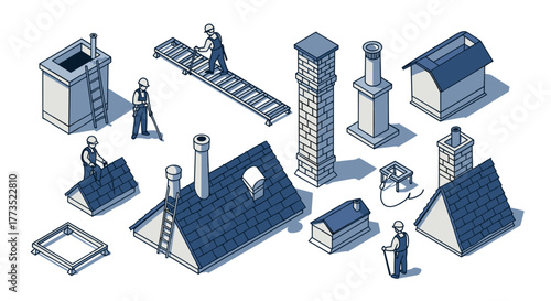 Isometric roof construction with workers and chimneys in blue tones