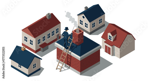 Isometric chimney sweep on roof with smoke in residential neighborhood