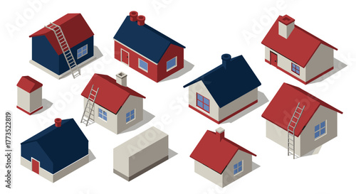 Isometric low poly houses collection with red and blue roofs