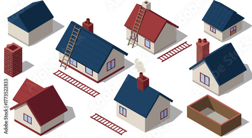 Isometric roof repair set with ladders and chimneys