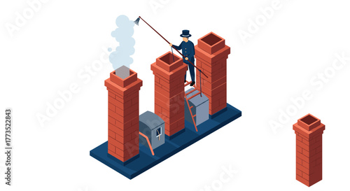 Isometric chimney sweep cleaning red brick chimneys with smoke