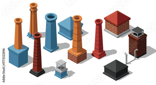 Isometric chimney design set with varied architectural styles