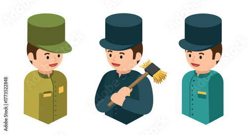 Isometric cartoon chimney sweep characters in various uniforms