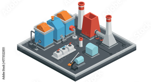 Isometric factory building with industrial equipment and chimneys in 3d design