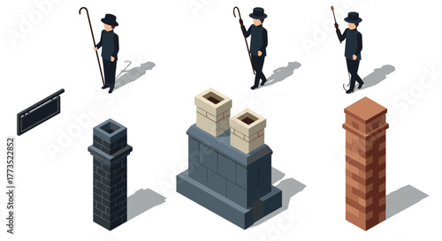 Isometric chimney sweep set classic attire and roof elements