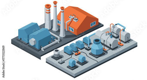Isometric power plant with industrial buildings and equipment