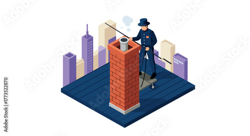 Isometric chimney sweep on rooftop with urban skyline in background