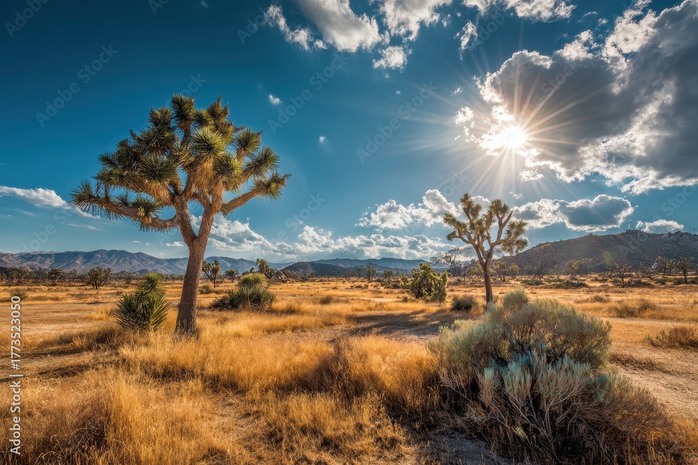 Fototapeta premium Sunlight Glimmers Through Joshua Trees in Victorville, California: A Breathtaking American Landscape