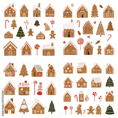 Charming gingerbread cookies and houses decorated for Christmas. Sweet festive collection with candy, trees, and gingerbread men in warm holiday style.