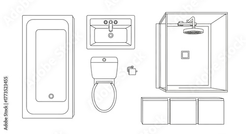 Bathroom layout illustration: A meticulously crafted, top-down illustration presents a comprehensive layout, showcasing essential bathroom fixtures. The image features a bathtub, sink, toilet.