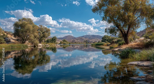 Tranquil Vista of Lake Perris: A Stunning Autumn Landscape with Blue Waters and Treetops Under a Vibrant Sky