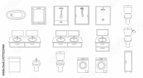 Bathroom Design Elements: An assortment of architectural components, meticulously rendered in a streamlined outline, creates a comprehensive suite for bathroom interior design.