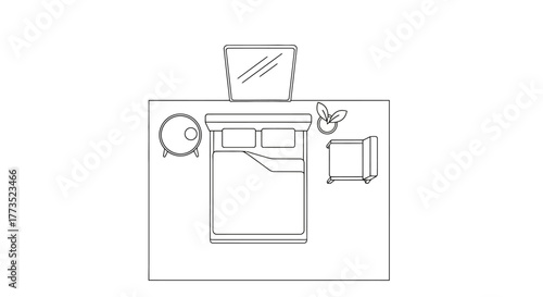 Minimalist Bedroom Layout: A clean, overhead view showcases a modern bedroom arrangement, complete with a bed, bedside table, armchair, and stylish decor accents.