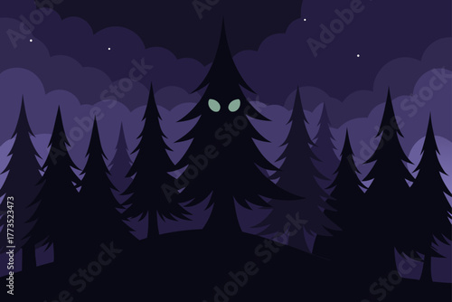 A creepy night forest illustration featuring silhouetted pine trees under a dark cloudy purple sky, with glowing green monster eyes hidden in the center trunk design.