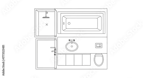 Bathroom Layout: A minimalist, top-down view of a modern bathroom layout, showcasing essential fixtures and spatial organization