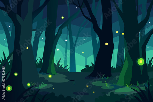 Magical mysterious forest at night scene with glowing fireflies among tall trees, atmospheric fantasy nature landscape vector illustration background design.