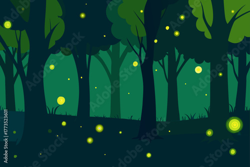 Nighttime forest illustration with glowing fireflies in a mysterious, dark woods setting, creating a magical atmosphere and peaceful, natural background design