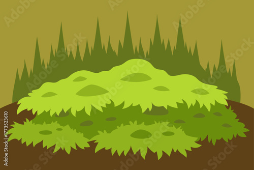 Cartoon illustration of a vibrant green bush and grassy mounds nestled on brown earth, surrounded by dark spiky silhouettes of tall grass or pine forest in a flat design style background.