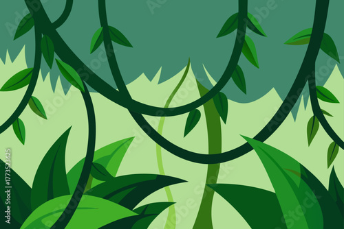Lush green tropical jungle vector background illustration featuring dense rainforest foliage, hanging lianas, climbing vines, and layered exotic plants