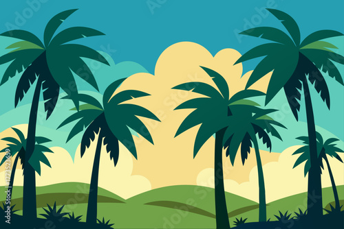 Tropical palm tree forest landscape illustration in flat graphic vector style with vibrant sunset colors showcasing an exotic island getaway scene and rolling green hills.