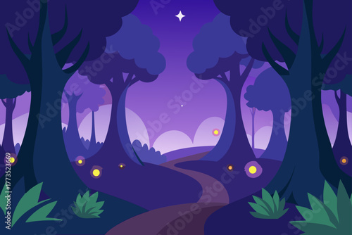 Nighttime forest landscape flat vector illustration with winding path through magical purple woods under a starry sky featuring stylized trees and glowing fireflies