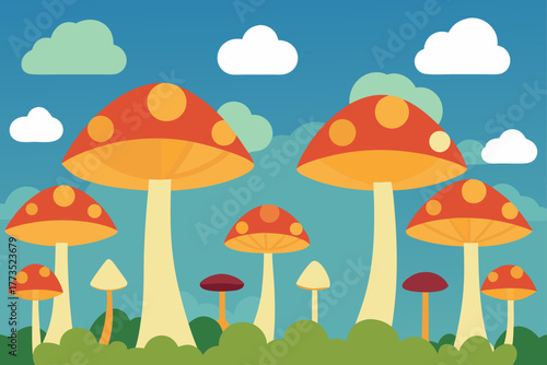 Stylized vector illustration of a vibrant fantasy forest scene featuring large red and orange toadstools and small fungi in green grass under a blue sky with whimsical clouds.