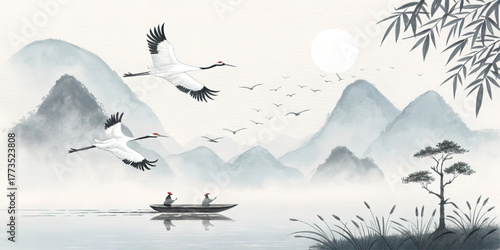Traditional chinese ink painting landscape with flying cranes, mountains, and a boat. This asian vector art illustrates a tranquil, cultural, and lucky scene.