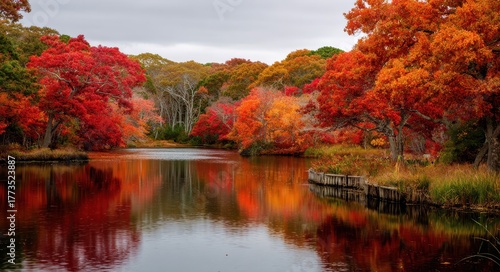 Vibrant Cape Cod Autumn: Foliage Splendor at Dennis Duck Pond in Massachusetts