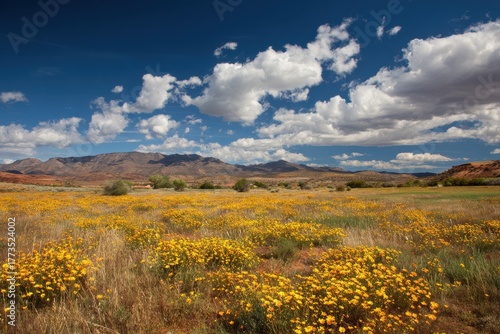 Fototapeta Naklejka Na Ścianę i Meble -  Vibrant Desert Marigolds Display Under a Vast Blue Sky in Southern Utah's Scenic Landscape