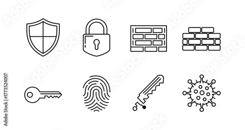 Security and Protection Icons Set in Outline Style shield padlock key fingerprint biometrics access control wall brick firewall
