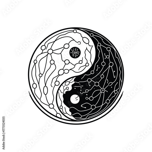 Yin Yang Symbol with Network Connections balance harmony duality interconnectedness nodes black and white illustration taoism
