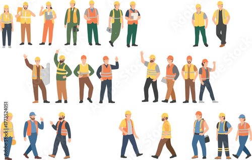 Construction workers illustration, diverse team, safety gear, hard hats, work boots, vector characters, occupational roles, industrial site, teamwork, labor force