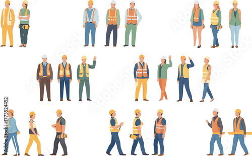 Construction workers, engineers, supervisors, teamwork, safety gear, hard hats, vests, boots, site inspection, planning, architecture, labor, industrial, collaboration, diverse roles, building site,