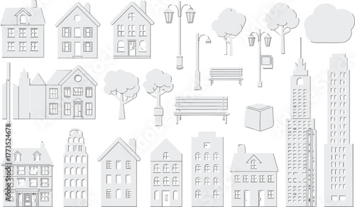 Urban buildings, residential houses, city trees, street furniture, grayscale illustration, town architecture, urban planning, infrastructure elements, suburban design, vector art