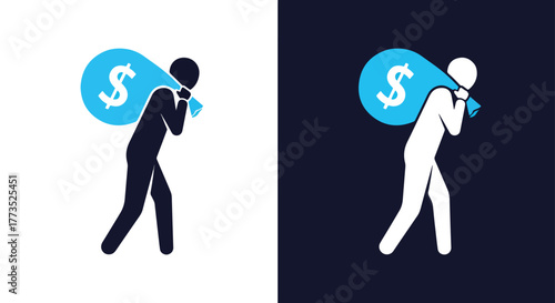 Man silhouette carrying a money dollar bag - Vector icon symbol for website - Icon vector - Blue icon vector
