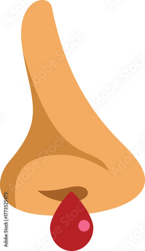 Drop of blood is dripping from a human nose, illustrating a nosebleed or epistaxis