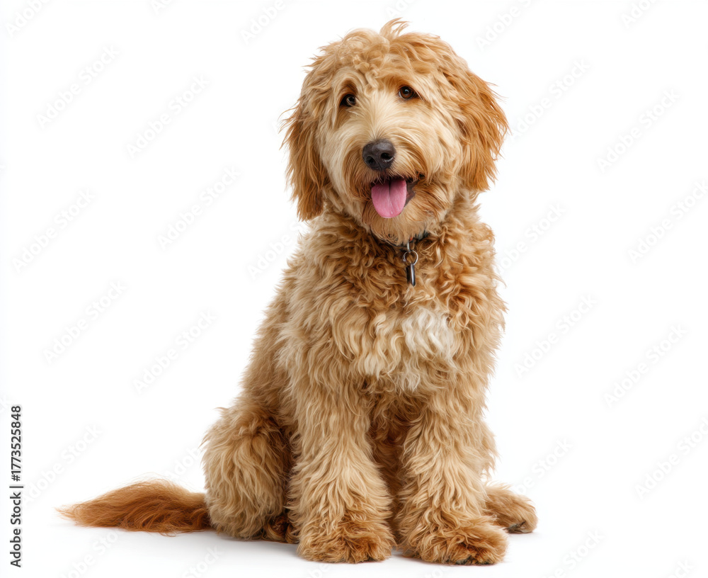 Fototapeta premium Happy golden doodle dog sits and looks at camera, showcasing its fluffy coat and playful demeanor. This friendly pet exudes warmth and joy, making it delightful companion