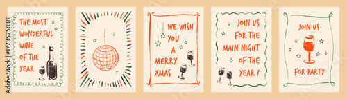 Set of Merry Christmas and Happy New Year posters, disco party promo, Christmas dinner invitation, restaurant bar menu. Crayon, charcoal, pastel, pencil hand drawn doodle sketch whimsical frame