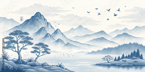 A traditional Chinese ink painting of a blue mountain landscape with trees and a river. This asian vector art illustrates a tranquil, zen, and scenic nature view.