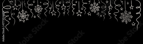 Merry Christmas and happy New Year hand drawn doodle background with Christmas tree decoration, snowflakes, serpentine. Chalk border scribble on the blackboard. Xmas holiday pattern