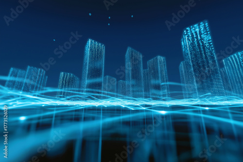 A futuristic cityscape with glowing skyscrapers and flowing digital lines, representing innovation and technology in an urban environment.